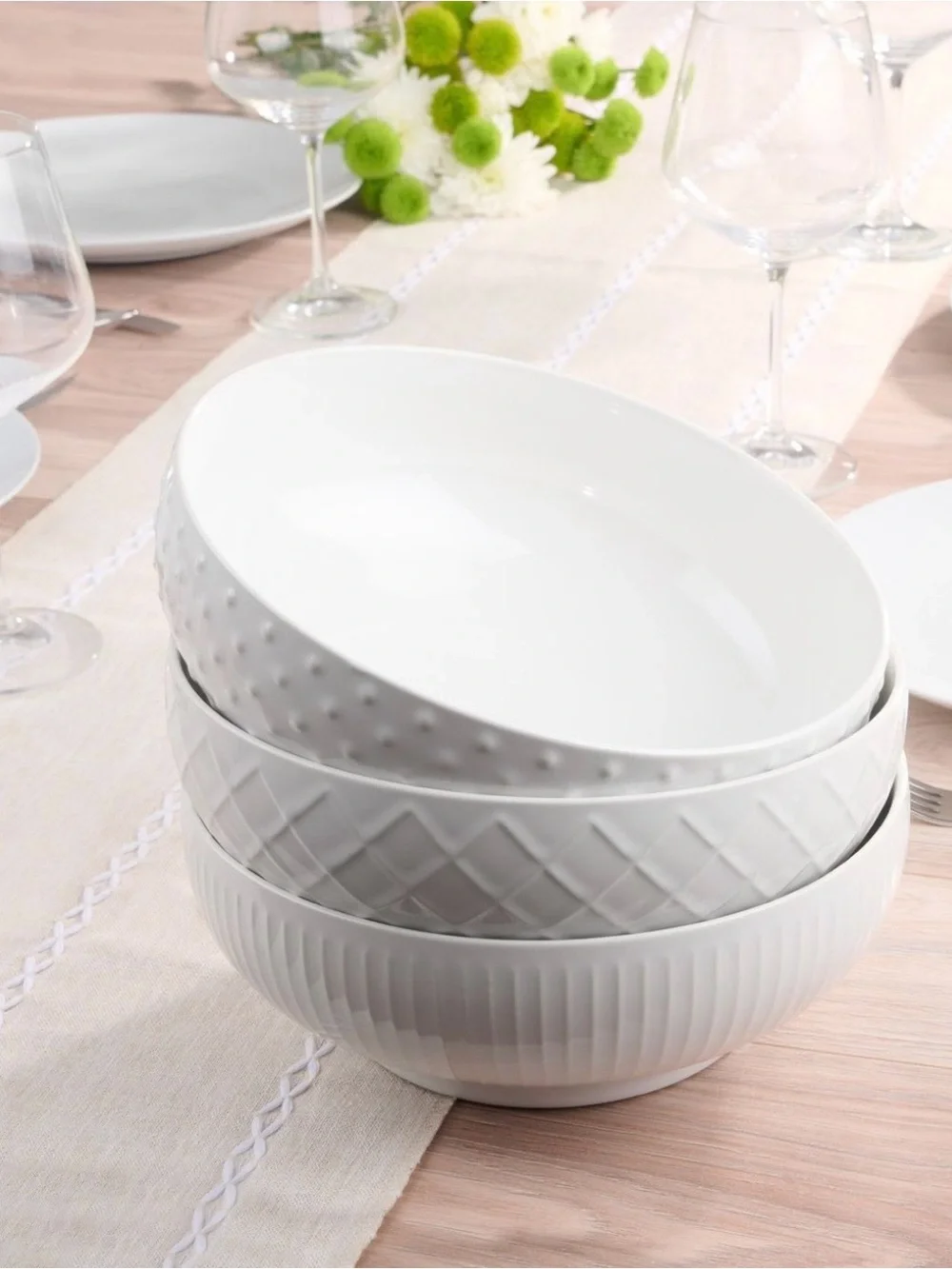 Trudeau Set of 3 White Ceramic Serving Bowl - Textured Design